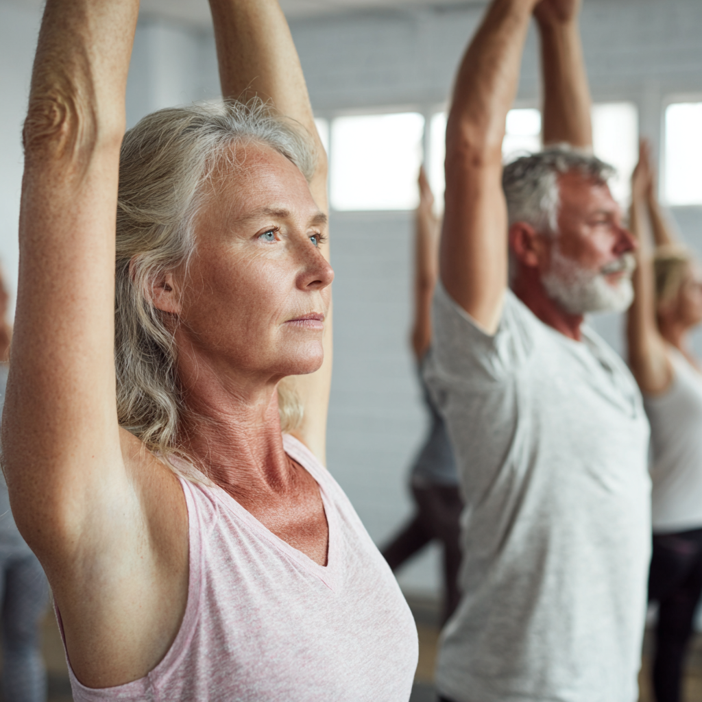 Mature adults practicing yoga poses in a bright, peaceful studio environment