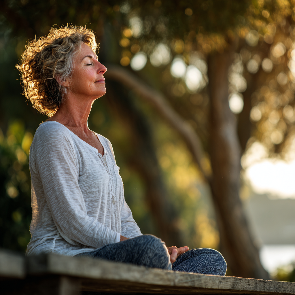 Peaceful middle-aged woman practicing meditation in a serene natural setting